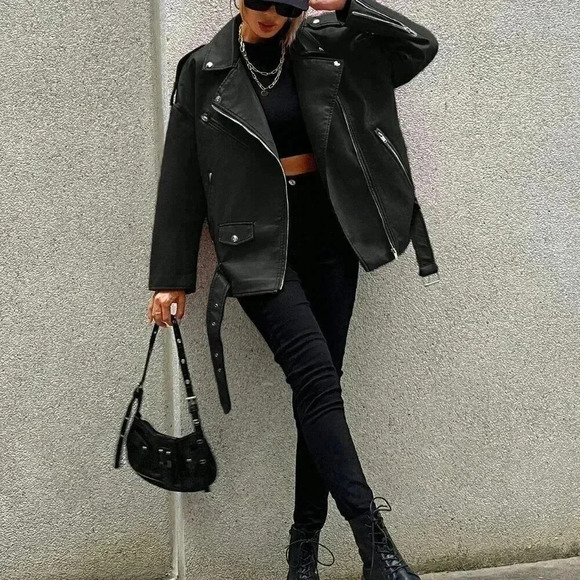 Black Casual Women's Zip Up Flap Detail Belted Moto Jacket - Picture 1 of 6